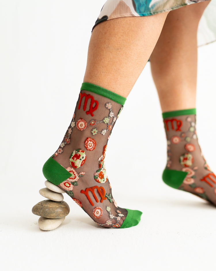 Sock Candy Virgo Zodiac Black Sheer Crew Sock Sheer Socks Fashion Socks Zodiac Socks Virgo Socks Earth Sign Socks Zodiac Gift