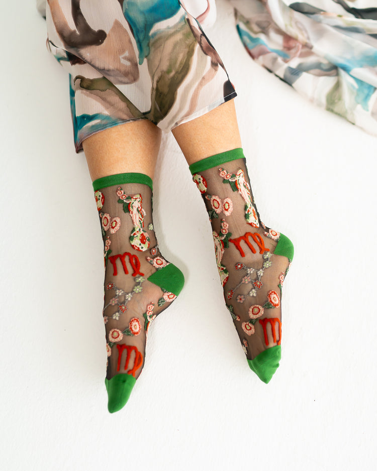 Sock Candy Virgo Zodiac Black Sheer Crew Sock Sheer Socks Fashion Socks Zodiac Socks Virgo Socks Earth Sign Socks Zodiac Gift