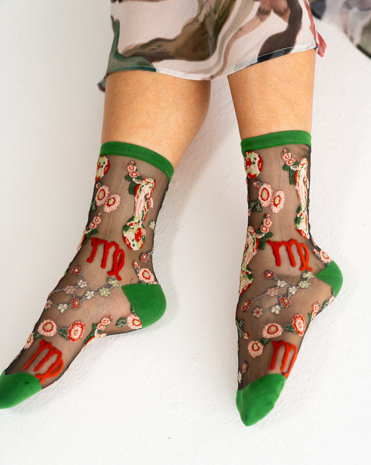 Sock Candy Virgo Zodiac Black Sheer Crew Sock Sheer Socks Fashion Socks Zodiac Socks Virgo Socks Earth Sign Socks Zodiac Gift