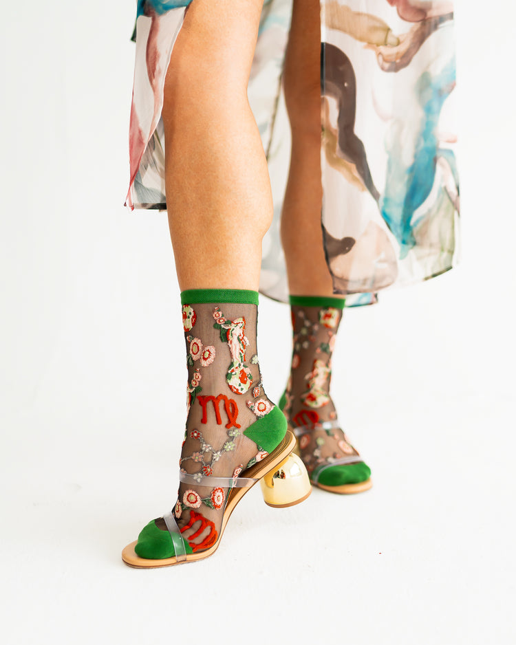 Sock Candy Virgo Zodiac Black Sheer Crew Sock Sheer Socks Fashion Socks Zodiac Socks Virgo Socks Earth Sign Socks Zodiac Gift Socks with heels