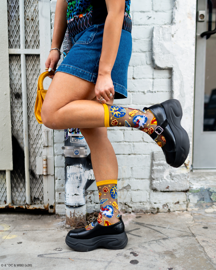 Sock Candy Supergirl Krypto Black Sheer Crew Sock Sheer socks Fashion socks Supergirl socks Krypto socks DC Comic socks
