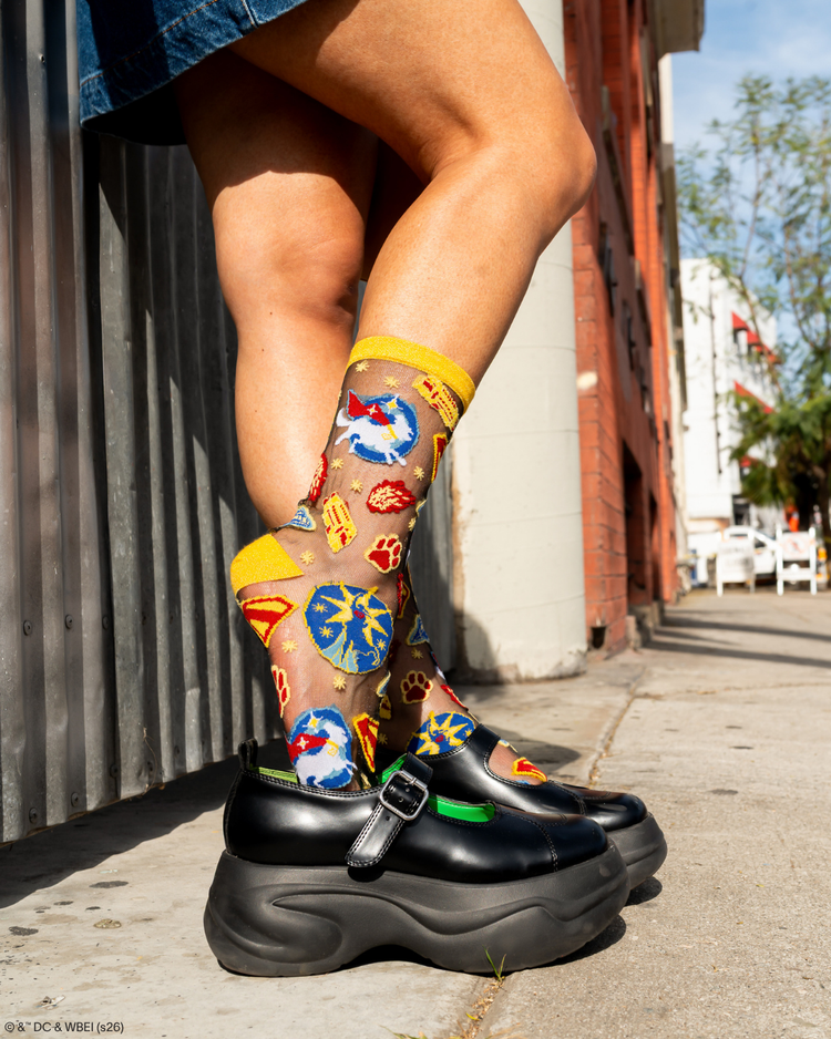 Sock Candy Supergirl Krypto Black Sheer Crew Sock Sheer socks Fashion socks Supergirl socks Krypto socks DC Comic socks