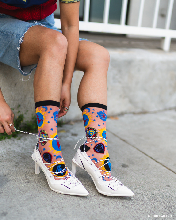 Sock Candy Supergirl Silhouette Shimmer Sheer Crew Sock Sheer socks Fashion socks Supergirl socks DC Comics socks Socks with heels