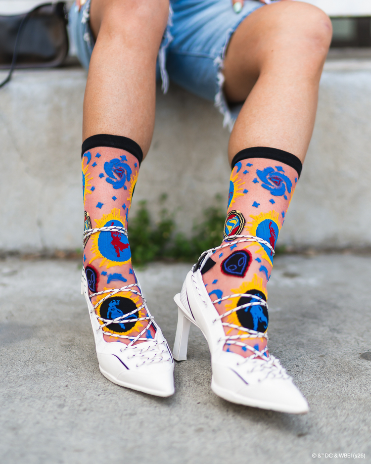 Sock Candy Supergirl Silhouette Shimmer Sheer Crew Sock Sheer socks Fashion socks Supergirl socks DC Comics socks Socks with heels