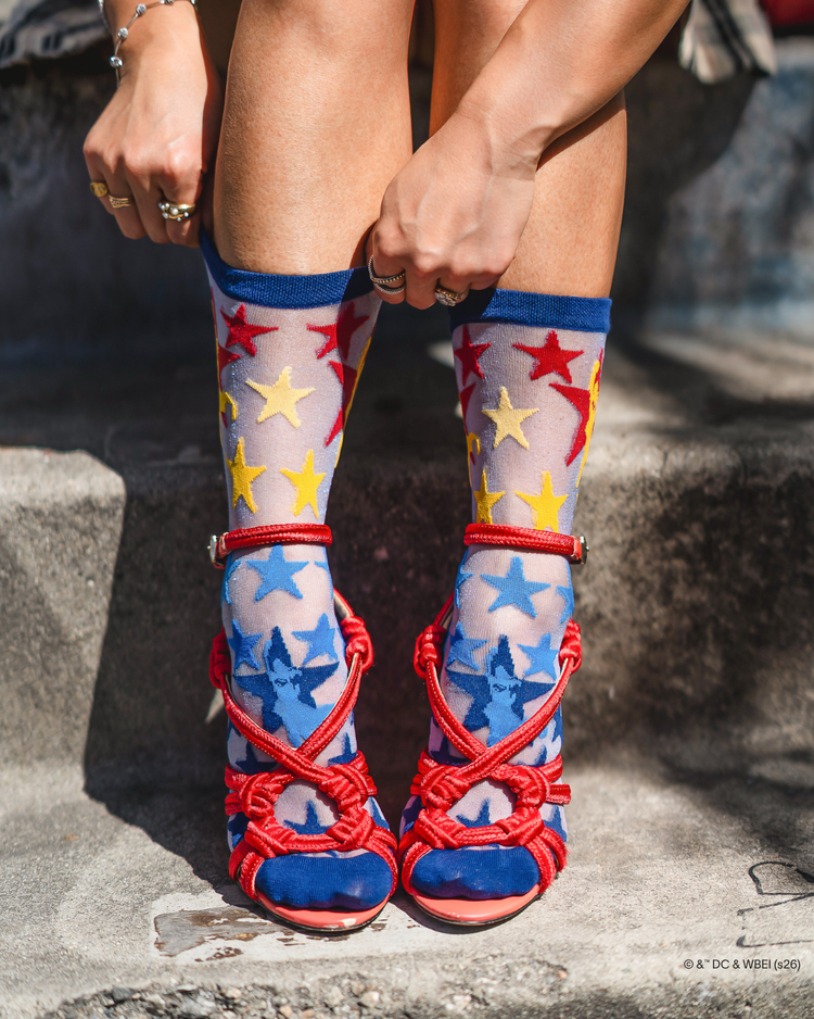 Sock Candy Supergirl Star Shimmer Sheer Crew Sock Sheer socks Fashion socks Star socks Supergirl socks Socks with heels DC Comics socks