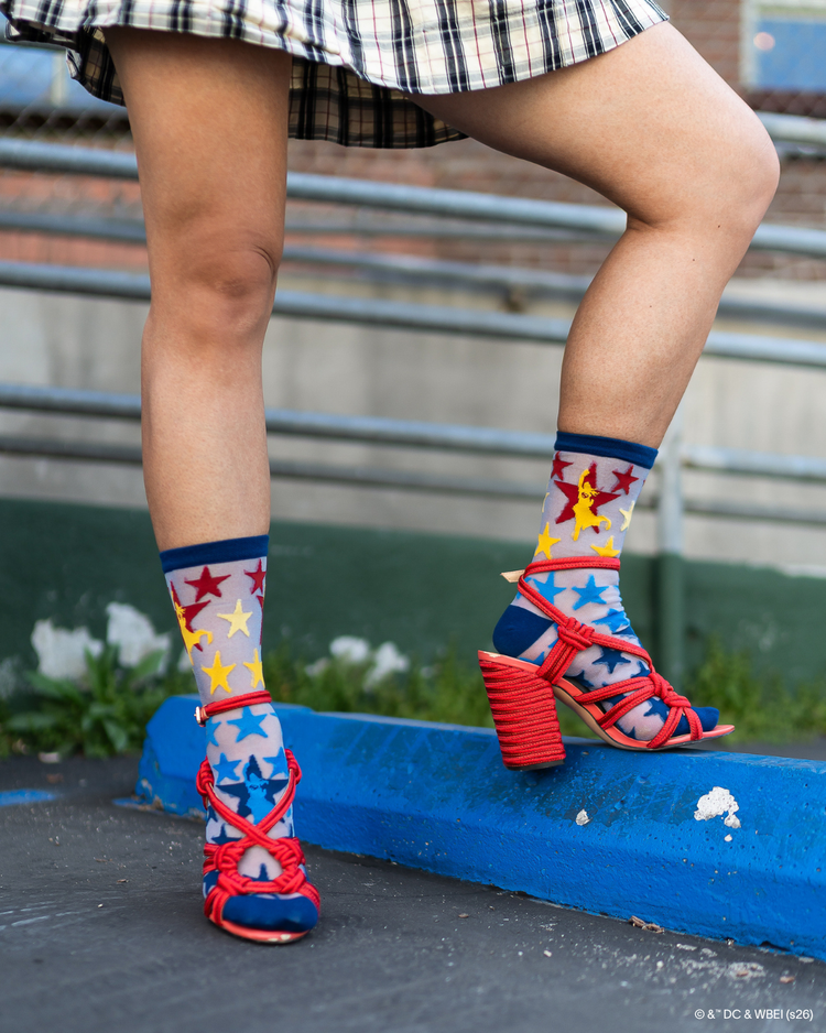 Sock Candy Supergirl Star Shimmer Sheer Crew Sock Sheer socks Fashion socks Star socks Supergirl socks Socks with heels DC Comics socks