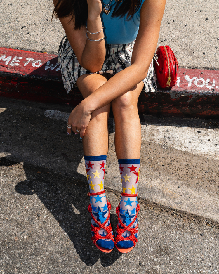 Sock Candy Supergirl Star Shimmer Sheer Crew Sock Sheer socks Fashion socks Star socks Supergirl socks Socks with heels DC Comics socks