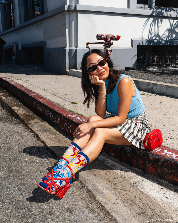 Sock Candy Supergirl Star Shimmer Sheer Crew Sock Sheer socks Fashion socks Star socks Supergirl socks Socks with heels DC Comics socks