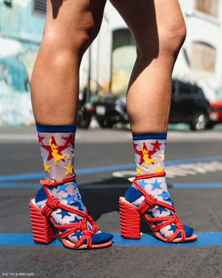 Sock Candy Supergirl Star Shimmer Sheer Crew Sock Sheer socks Fashion socks Star socks Supergirl socks Socks with heels DC Comics socks
