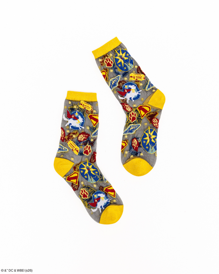 Sock Candy Supergirl Krypto Black Sheer Crew Sock Sheer socks Fashion socks Supergirl socks Krypto socks DC Comic socks
