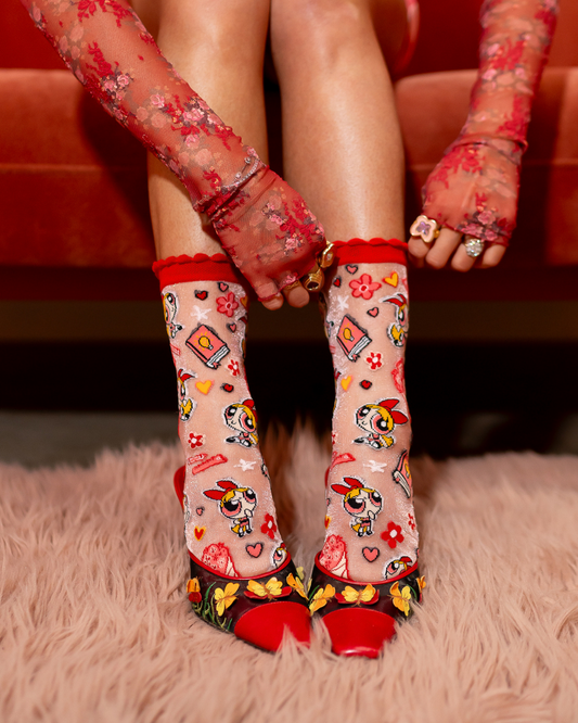 Sock Candy The Powerpuff Girls Blossom Shimmer Sheer Crew Socks Fashion Socks Powerpuff Girls Socks Sheer Socks Y2K Socks Blossom Socks socks with heels