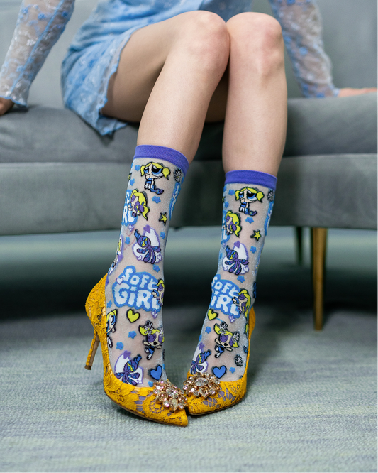 Sock Candy The Powerpuff Girls Bubbles Shimmer Sheer Crew Sock Powerpuff Girls Socks Fashion Socks Sheer Socks Y2K socks Bubbles Socks socks with heels