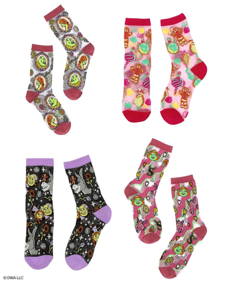 Four pairs of sheer Shrek socks designed by Sock Candy on a white background. Each pair has a different Shrek design motif - from top left: Once Upon a Time Shimmer Sheer Crew, Gingy Shimmer Sheer Crew, Legendary Tales Black Sheer Crew, and Fiona and Dragon Sheer Crew.