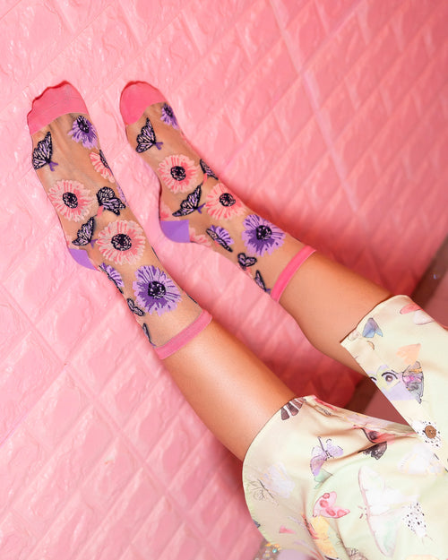 Woeoe Ankle Sheer Socks Black Silky Floral Printed India
