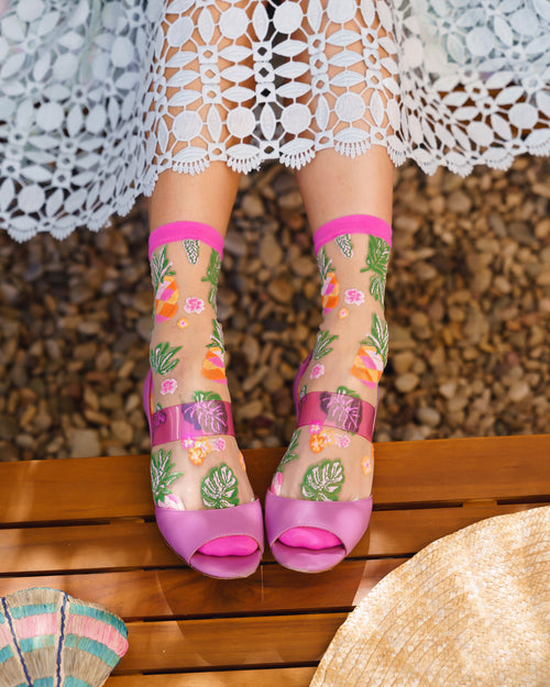 Women Fashion Transparent Socks Cute Floral Fruit Pattern Mesh Short Ankle  Socks
